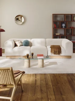 Sofás 3 Plazas|Sofás>Westwing Collection Sofá modular de borreguillo bouclé Natalie (3 plazas) Borreguillo bouclé blanco Off White, madera de haya clara