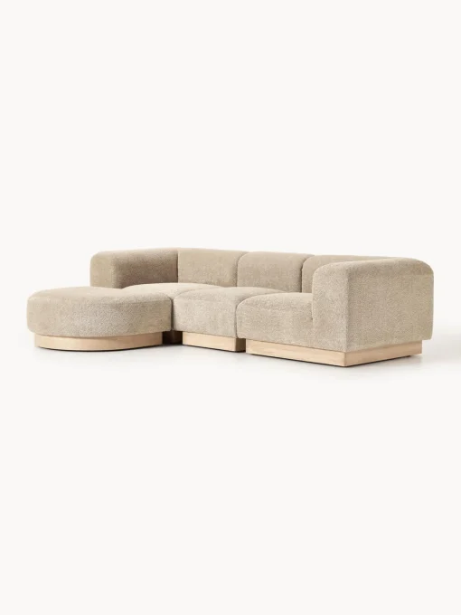 Sofás Rinconeras|Sofás>Westwing Collection Sofá modular de borreguillo bouclé con reposapiés Natalie (3 plazas, izquierda/derecha) Borreguillo bouclé beige, madera de haya clara