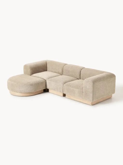 Sofás Rinconeras|Sofás>Westwing Collection Sofá modular de borreguillo bouclé con reposapiés Natalie (3 plazas, izquierda/derecha) Borreguillo bouclé beige, madera de haya clara