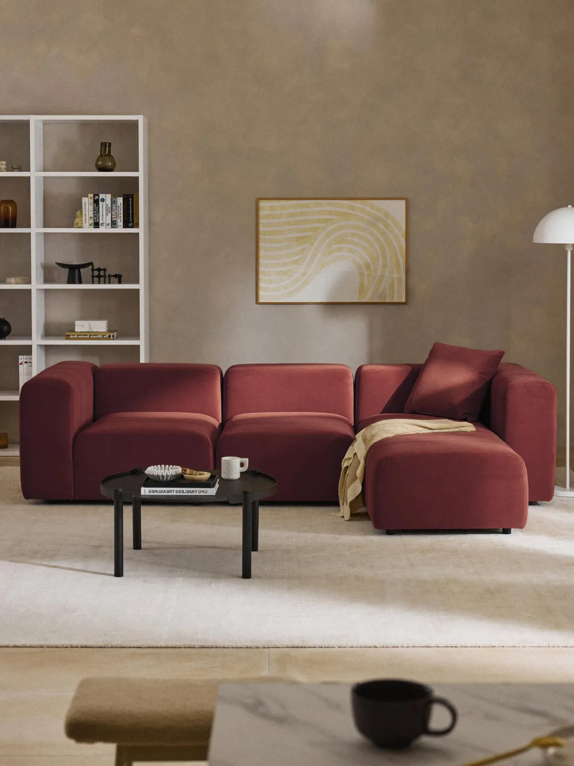Sofás Rinconeras|Sofás>Westwing Collection Sofá modular de terciopelo con reposapiés Lena (4 plazas) Terciopelo rojo vino