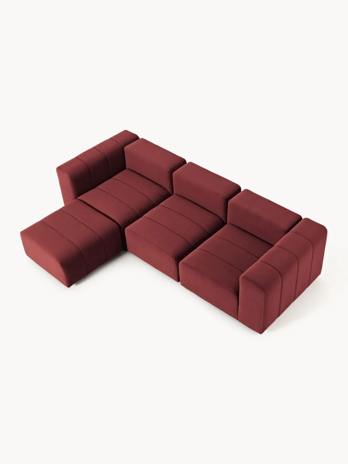 Sofás Rinconeras|Sofás>Westwing Collection Sofá modular de terciopelo con reposapiés Lena (4 plazas) Terciopelo rojo vino