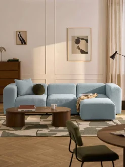 Sofás Rinconeras|Sofás>Westwing Collection Sofá modular en tejido bouclé con reposapiés izquierdo/derecho Lena (4 plazas) Bouclé azul claro