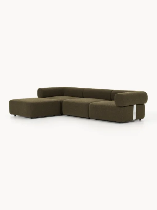 Sofás>Westwing Collection Sofá modular en tejido bouclé Anton (4 plazas), con reposapiés (izquierda/derecha) Bouclé verde oliva