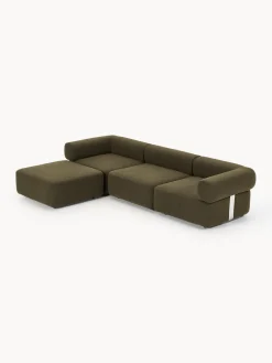 Sofás></noscript>Westwing Collection Sofá modular en tejido bouclé Anton (4 plazas), con reposapiés (izquierda/derecha) Bouclé verde oliva