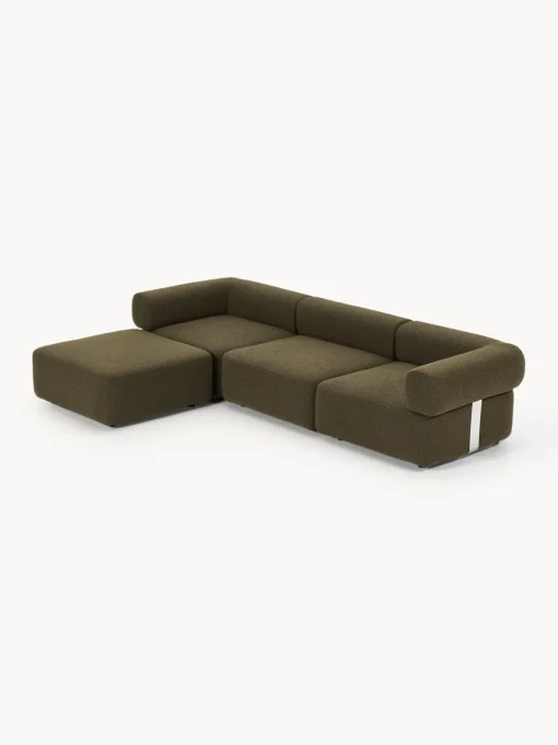 Sofás>Westwing Collection Sofá modular en tejido bouclé Anton (4 plazas), con reposapiés (izquierda/derecha) Bouclé verde oliva