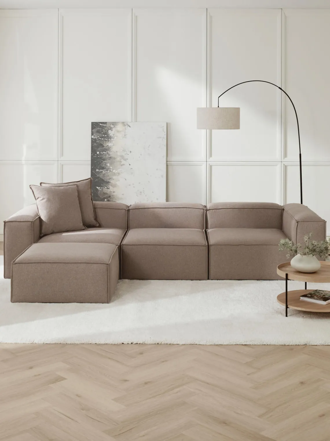 Sofás 4 Plazas|Sofás>Westwing Collection Sofá rinconera modular con reposapiés izquierdo/derecho Lennon (4 plazas) Tejido taupe