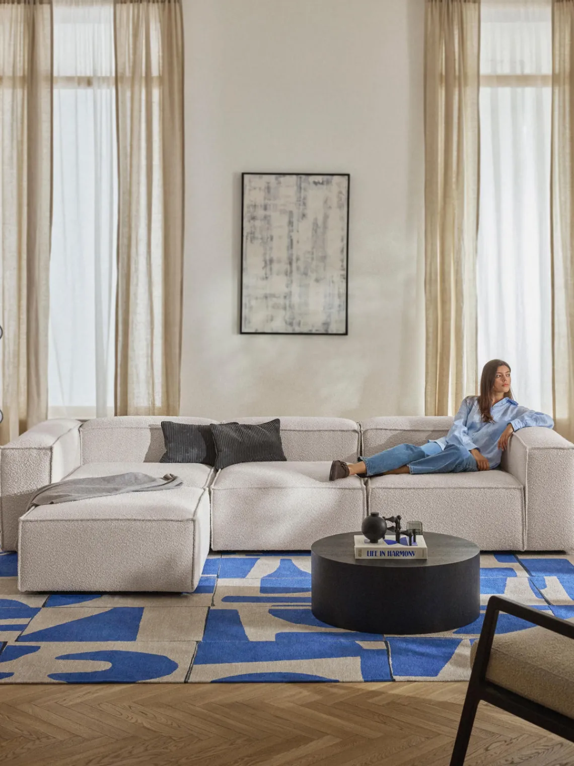 Sofás 4 Plazas|Sofás>Westwing Collection Sofá rinconera modular en tejido bouclé con reposapiés izquierdo/derecho Lennon (4 plazas) Bouclé Off White