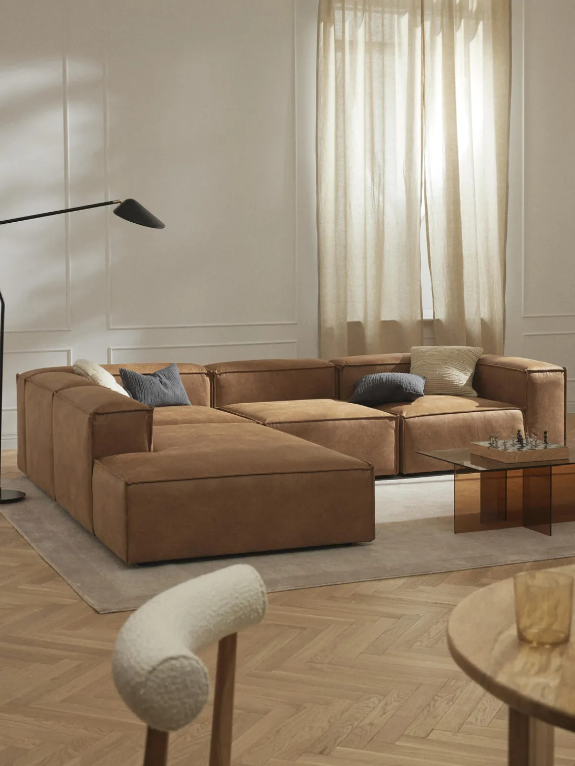 Sofás>Westwing Collection Sofá rinconera modular grande de cuero reciclado Lennon Cuero marrón