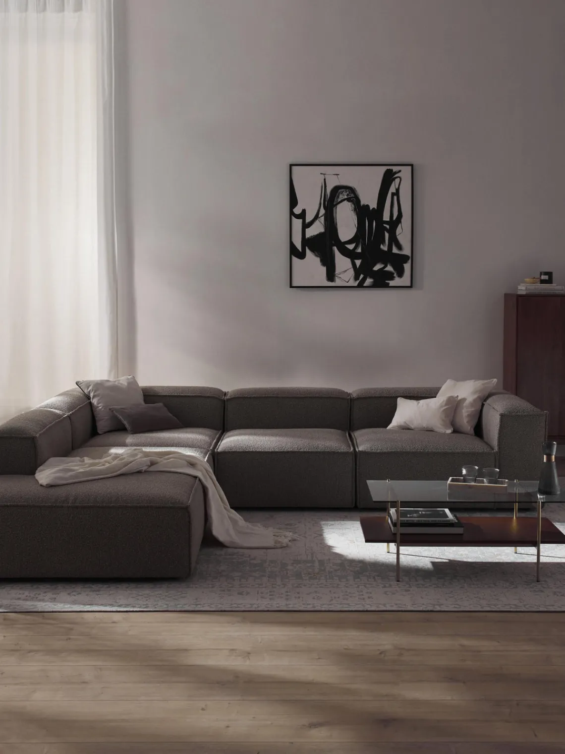 Sofás>Westwing Collection Sofá rinconera modular grande en tejido bouclé Lennon Bouclé greige