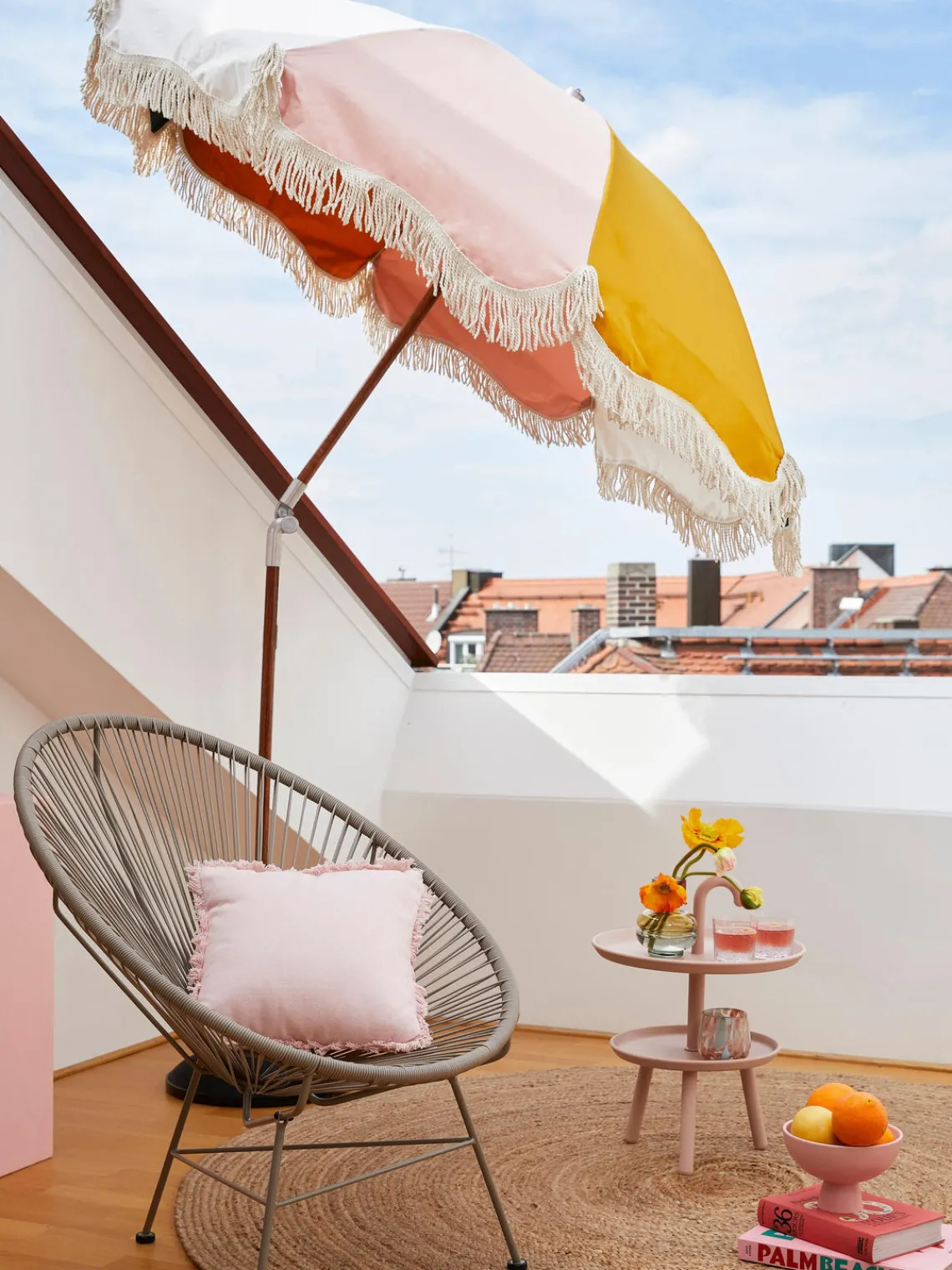 Sombrillas|Sombrillas>Business & Pleasure Sombrilla con flecos plegable Retro, Ø 180 cm Ocre, rosa claro, negro, blanco crema