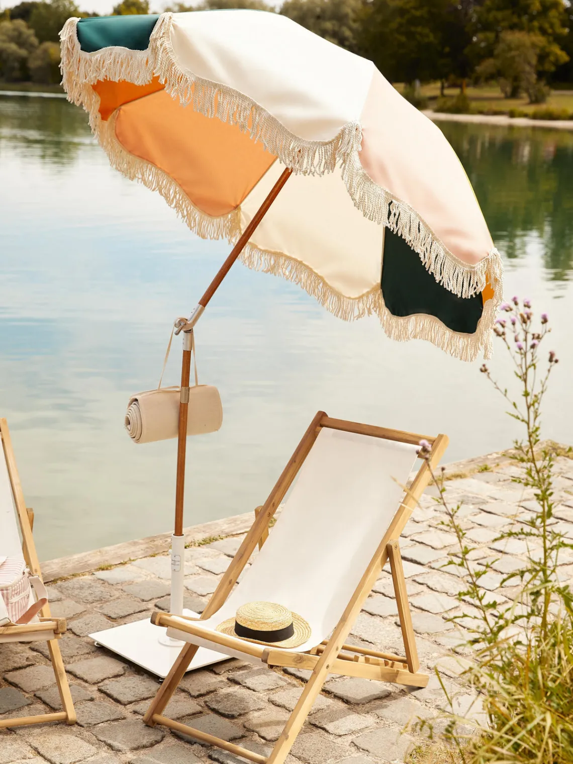 Sombrillas|Sombrillas>Business & Pleasure Sombrilla con flecos plegable Retro, Ø 180 cm Ocre, rosa claro, negro, blanco crema