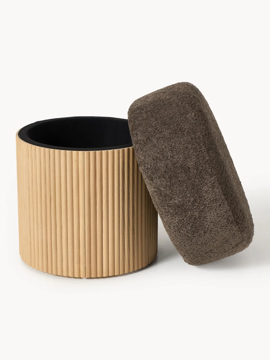 Pufs Y Otomanos|Pufs Y Otomanos>Westwing Collection Taburete tapizado en borreguillo bouclé con espacio de almacenamiento Nala Tejido borreguillo bouclé taupe, madera de fresno clara