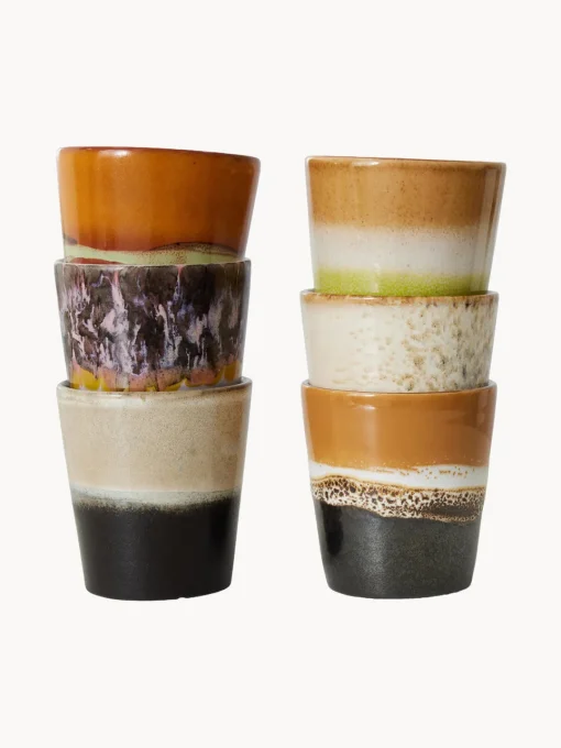 Tazas Y Mugs|Vajillas Completas>HKLIVING Tazas artesanales esmaltada 70s, 6 uds. Tonos marrones y beige, morado oscuro, verde claro