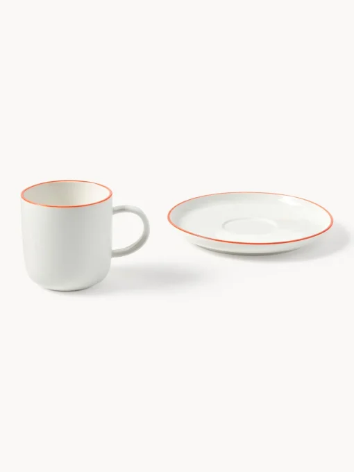 Tazas Y Mugs|Vajillas Completas>Westwing Collection Tazas con platitos de porcelana Facile, 2 uds. Blanco Off White con borde naranja