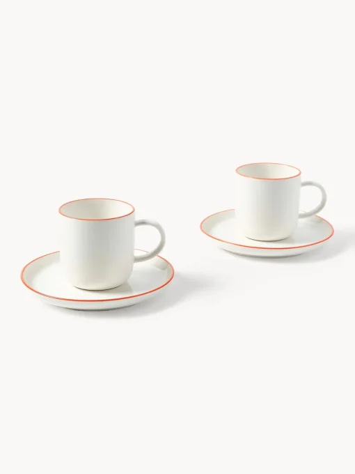 Tazas Y Mugs|Vajillas Completas>Westwing Collection Tazas con platitos de porcelana Facile, 2 uds. Blanco Off White con borde naranja