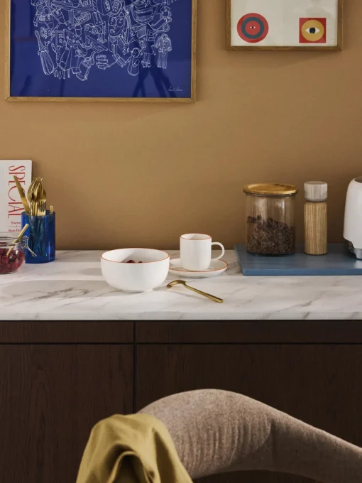 Tazas Y Mugs|Vajillas Completas>Westwing Collection Tazas con platitos de porcelana Facile, 2 uds. Blanco Off White con borde naranja