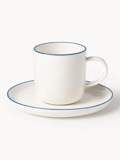 Tazas Y Mugs|Vajillas Completas>Westwing Collection Tazas con platitos de porcelana Facile, 2 uds. Blanco Off White con borde azul oscuro