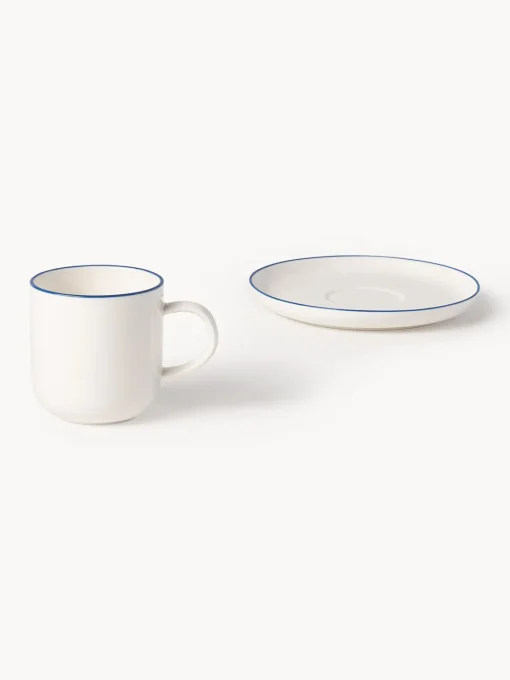 Tazas Y Mugs|Vajillas Completas>Westwing Collection Tazas con platitos de porcelana Facile, 2 uds. Blanco Off White con borde azul oscuro