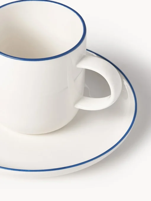 Tazas Y Mugs|Vajillas Completas>Westwing Collection Tazas con platitos de porcelana Facile, 2 uds. Blanco Off White con borde azul oscuro