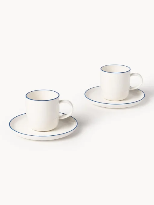 Tazas Y Mugs|Vajillas Completas>Westwing Collection Tazas con platitos de porcelana Facile, 2 uds. Blanco Off White con borde azul oscuro