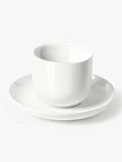 Tazas De Espresso|Vajillas Completas>Westwing Collection Tazas de café espresso de porcelana con platitos Nessa, 4 uds. Blanco Off White brillante