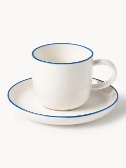 Tazas De Espresso|Vajillas Completas>Westwing Collection Tazas espresso con platitos de porcelana Facile, 2 uds. Blanco Off White con borde azul oscuro