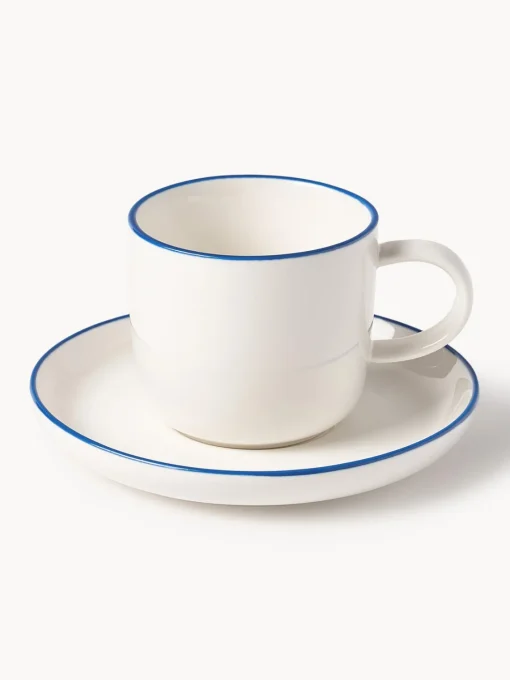 Tazas De Espresso|Vajillas Completas>Westwing Collection Tazas espresso con platitos de porcelana Facile, 2 uds. Blanco Off White con borde azul oscuro