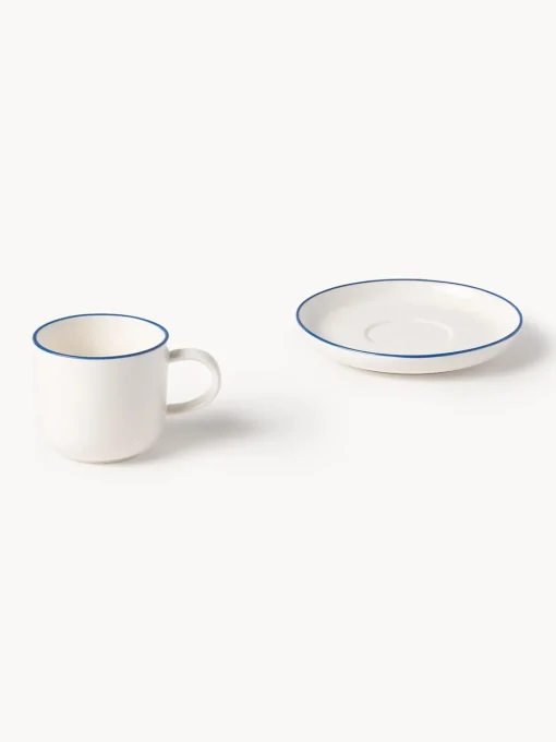 Tazas De Espresso|Vajillas Completas>Westwing Collection Tazas espresso con platitos de porcelana Facile, 2 uds. Blanco Off White con borde azul oscuro