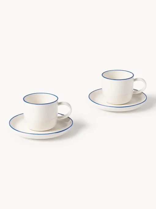 Tazas De Espresso|Vajillas Completas>Westwing Collection Tazas espresso con platitos de porcelana Facile, 2 uds. Blanco Off White con borde azul oscuro