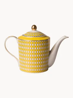 Teteras|Vajillas Completas>POLSPOTTEN Tetera artesanal de porcelana Chess, 1,1 L Amarillo sol, blanco Off White, dorado