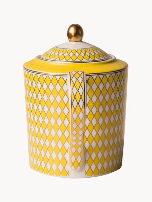Teteras|Vajillas Completas>POLSPOTTEN Tetera artesanal de porcelana Chess, 1,1 L Amarillo sol, blanco Off White, dorado