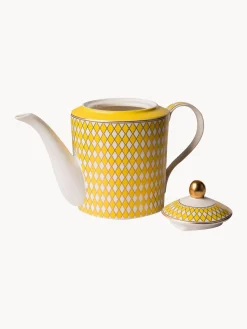 Teteras|Vajillas Completas></noscript>POLSPOTTEN Tetera artesanal de porcelana Chess, 1,1 L Amarillo sol, blanco Off White, dorado