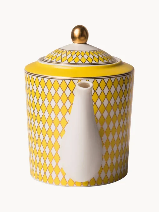 Teteras|Vajillas Completas>POLSPOTTEN Tetera artesanal de porcelana Chess, 1,1 L Amarillo sol, blanco Off White, dorado