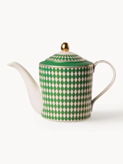 Teteras|Vajillas Completas>POLSPOTTEN Tetera artesanal de porcelana Chess, 1,1 L Verde, blanco Off White, dorado