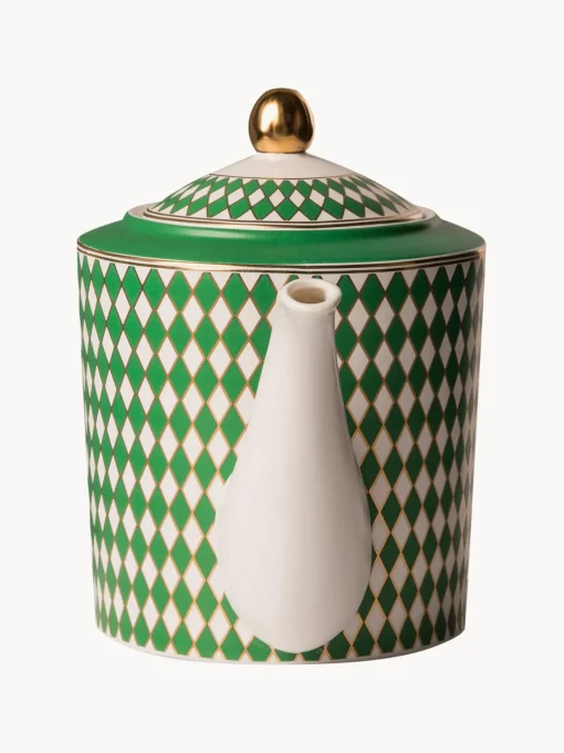 Teteras|Vajillas Completas>POLSPOTTEN Tetera artesanal de porcelana Chess, 1,1 L Verde, blanco Off White, dorado