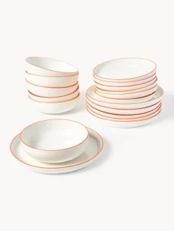 Vajillas Completas|Menaje De Mesa>Westwing Collection Vajilla de porcelana Facile, 6 comensales (18 pzas.) Blanco Off White con borde naranja