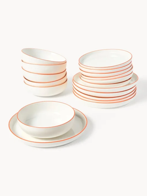 Vajillas Completas|Menaje De Mesa>Westwing Collection Vajilla de porcelana Facile, 6 comensales (18 pzas.) Blanco Off White con borde naranja