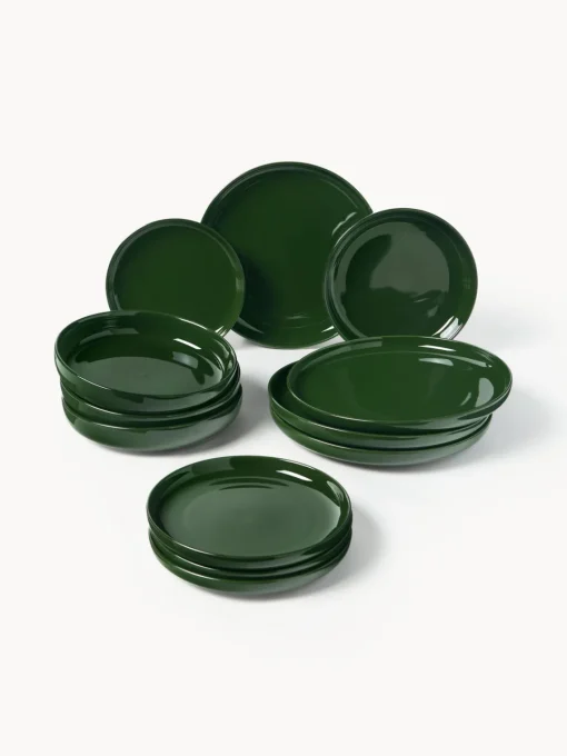 Vajillas Completas|Menaje De Mesa>Westwing Collection Vajilla de porcelana Nessa, 4 comensales (12 pzas.) Verde oscuro brillante