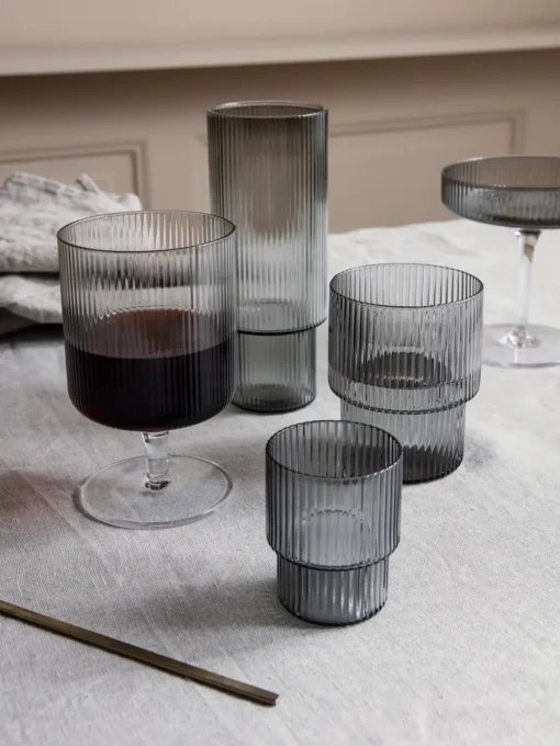 Vasos|Vajillas Completas>Ferm Living Vasos de agua soplados con relieves Ripple, 4 uds. Gris transparente brillante
